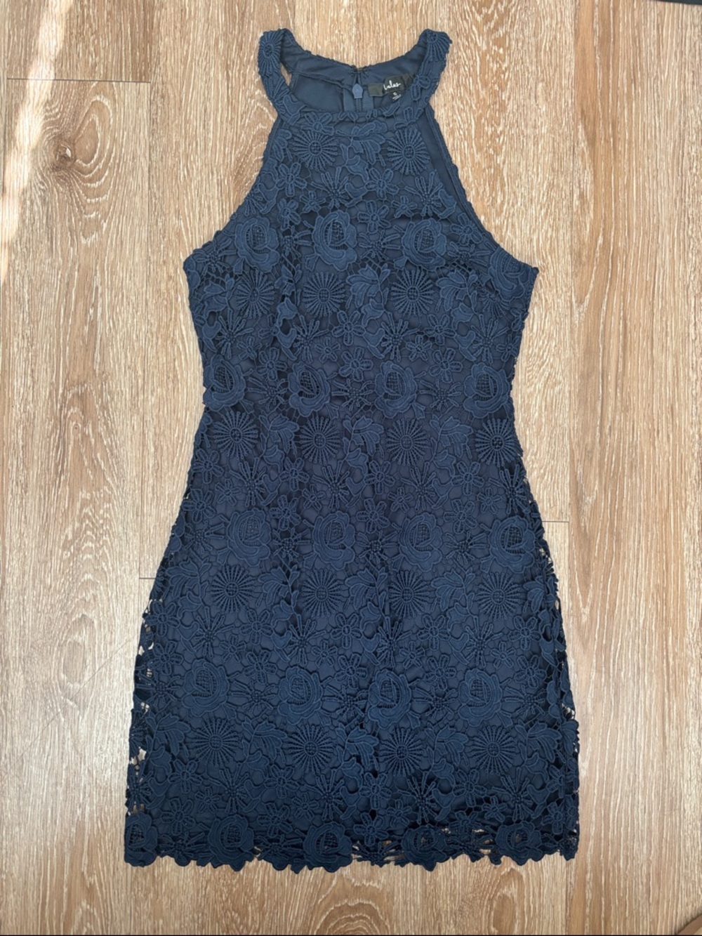 Lulus Love Poem lace/crochet mini dress, navy blue, small